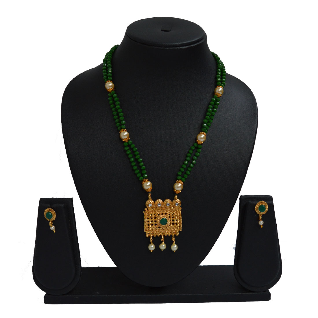 Green Layer beads Oxidized Gold Square Pendant Necklace Set