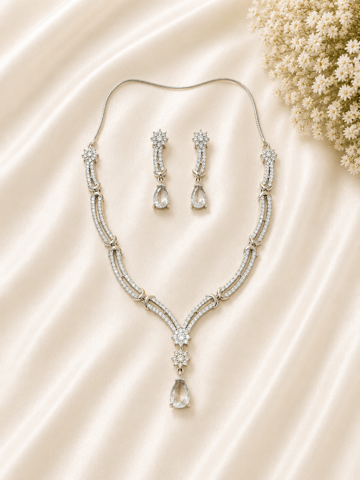 Elegant American Diamond (AD) Necklace Set with Crystal Drop Earrings - Image 2