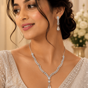 Elegant American Diamond (AD) Necklace Set with Crystal Drop Earrings