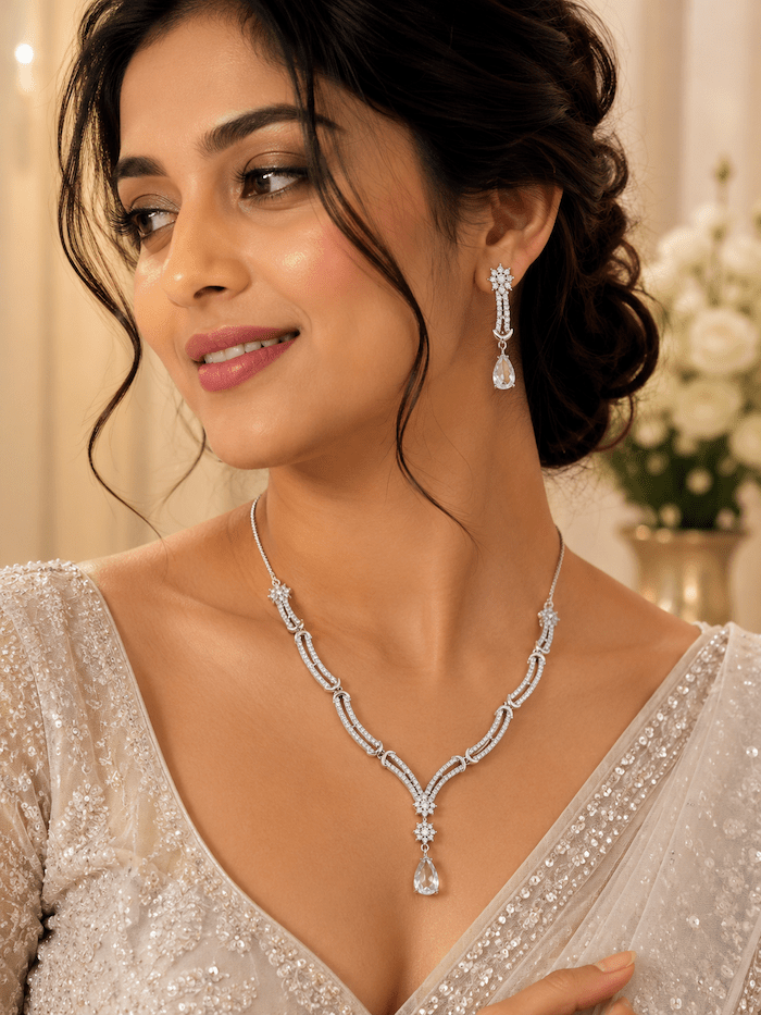 Elegant American Diamond (AD) Necklace Set with Crystal Drop Earrings