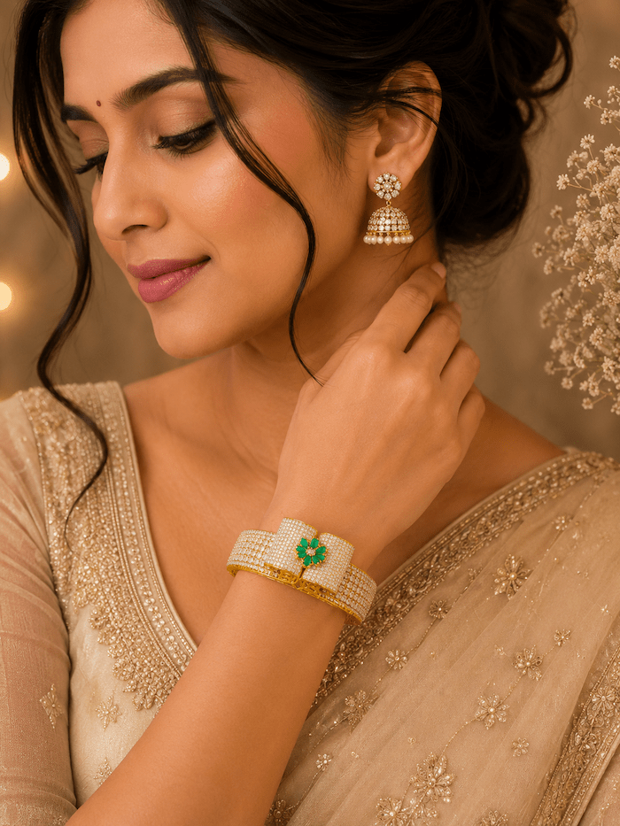 Luxury Emerald Floral Gold Polish Bracelet for Women | American Diamond Bridal Kada - Image 2