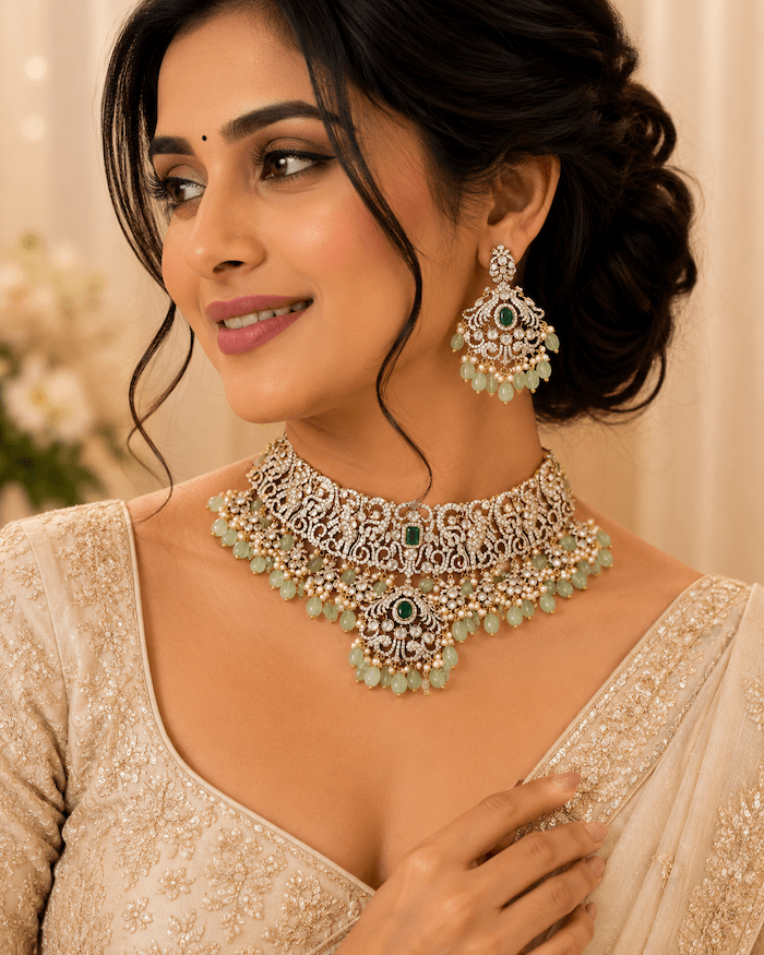 Antique AD Choker Necklace Set with Green Stones & Pearl Drops - Image 2