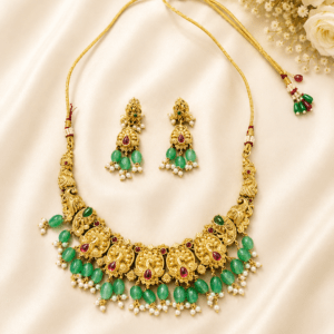 Antique Temple Green Bead Necklace Set with Pearl Drops & Matching Jhumka Earrings