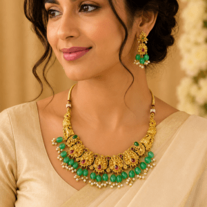 Antique Temple Green Bead Necklace Set with Pearl Drops & Matching Jhumka Earrings