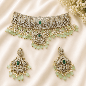 Antique AD Choker Necklace Set with Green Stones & Pearl Drops