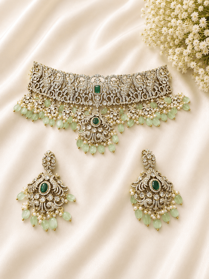Antique AD Choker Necklace Set with Green Stones & Pearl Drops