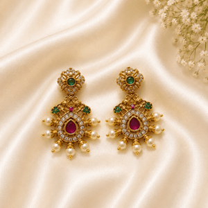 Antique Ruby & Emerald Temple Earrings with Pearl Drops | Traditional Ethnic Earrings