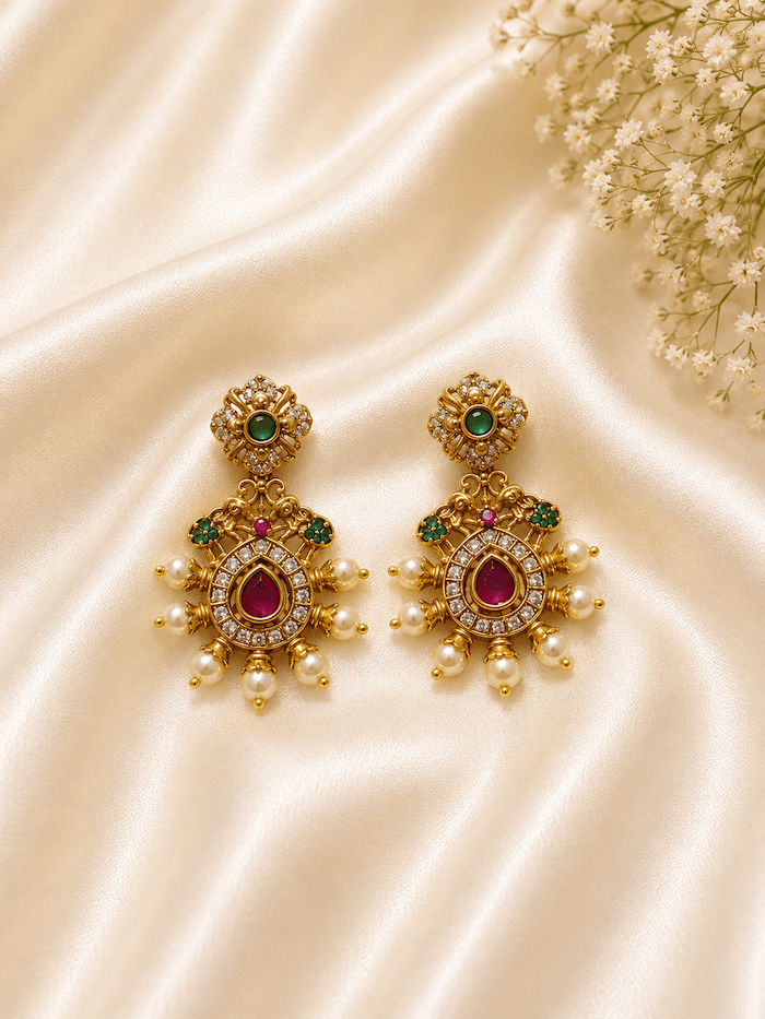 Antique Ruby & Emerald Temple Earrings with Pearl Drops | Traditional Ethnic Earrings