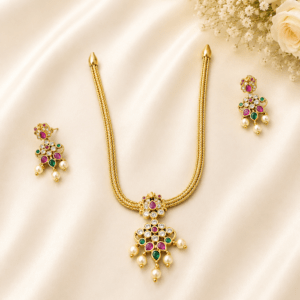 Elegant Kundan Short Necklace Set with Ruby, Green Stones & Pearl Drops