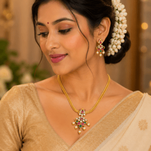 Elegant Kundan Short Necklace Set with Ruby, Green Stones & Pearl Drops