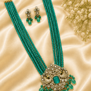 Royal Emerald Green Multi-Layer Beaded Necklace Set with Statement Pendant & Earrings