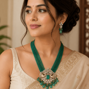 Royal Emerald Green Multi-Layer Beaded Necklace Set with Statement Pendant & Earrings