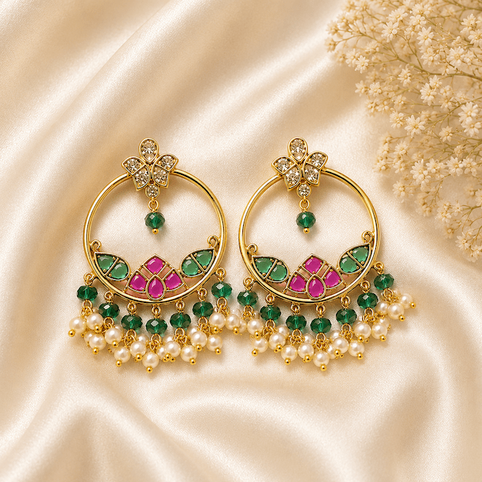 Antique Floral Chandbali Earrings with Green Beads & Pearl Drops
