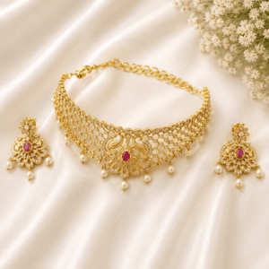 Gold Peacock Choker Necklace Set with Ruby Stone & Pearl Drops