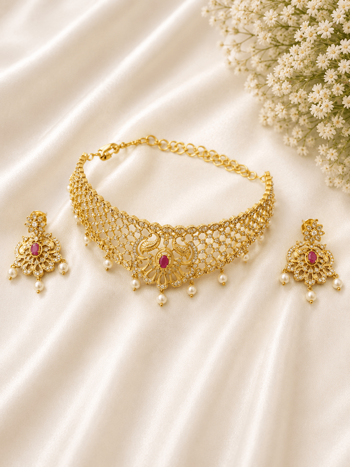 Gold Peacock Choker Necklace Set with Ruby Stone & Pearl Drops