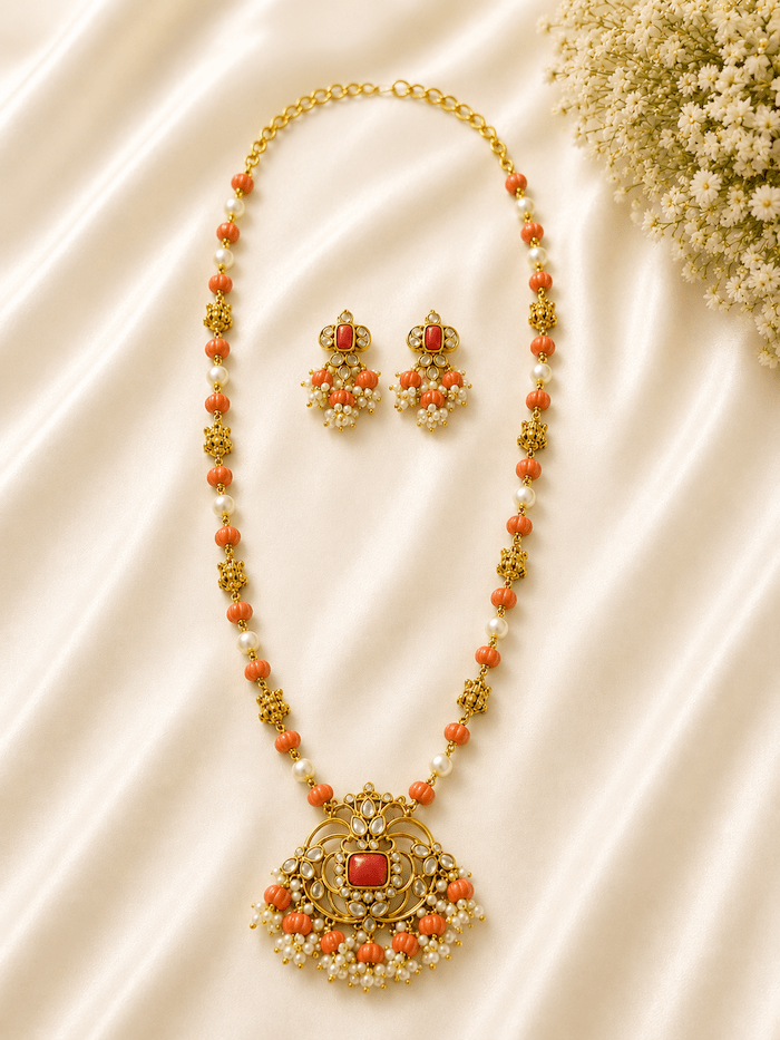 Traditional Coral Beads Pendant Necklace Set with Pearls - Image 2