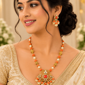 Traditional Coral Beads Pendant Necklace Set with Pearls
