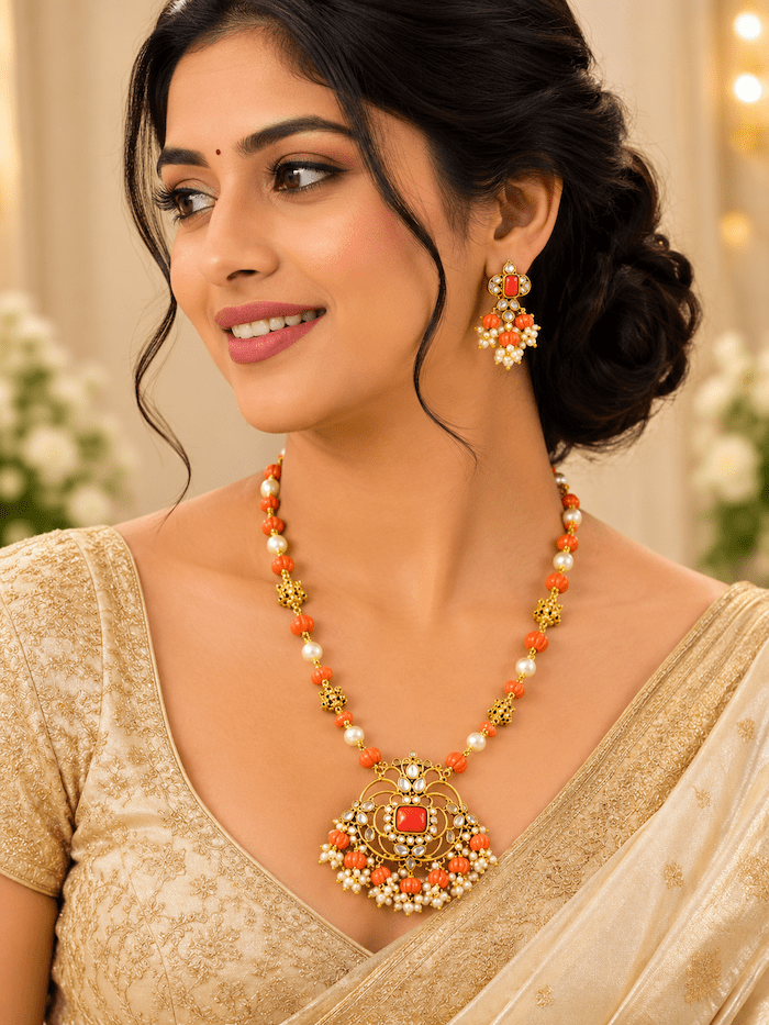 Traditional Coral Beads Pendant Necklace Set with Pearls