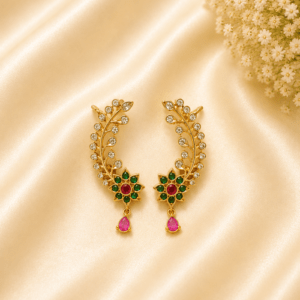 Traditional Floral AD Ear Cuff Earrings – Gold Plated | Green & Ruby Stone Ear Climbers