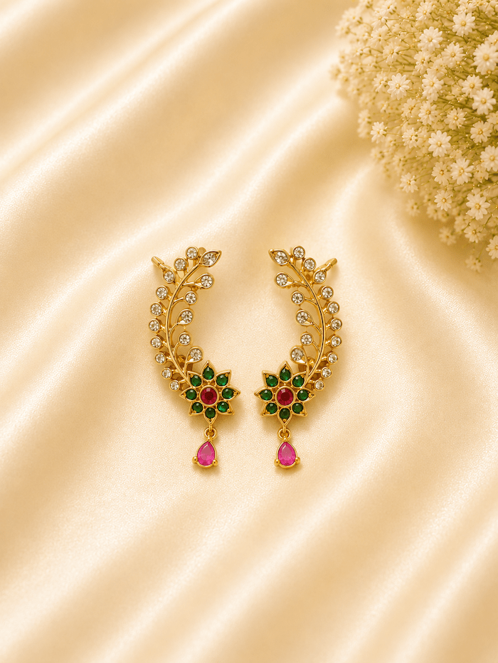 Traditional Floral AD Ear Cuff Earrings – Gold Plated | Green & Ruby Stone Ear Climbers