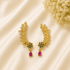 Traditional Floral AD Ear Cuff Earrings – Gold Plated | Green & Pink Stone Ear Climbers for Women