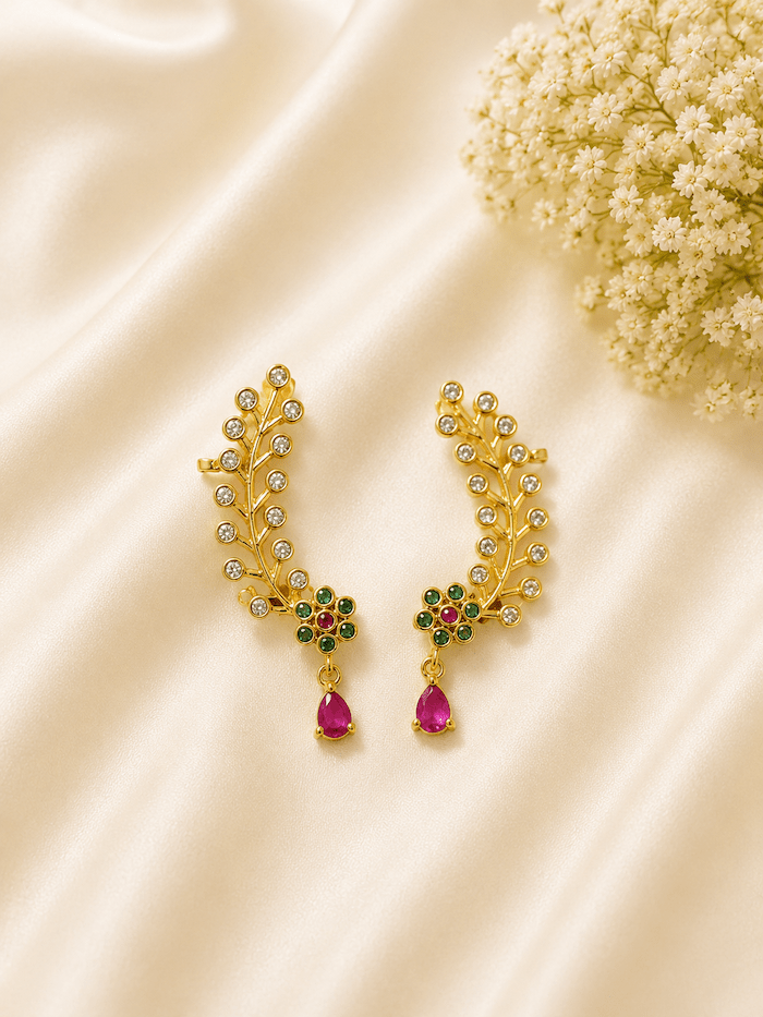 Traditional Floral AD Ear Cuff Earrings – Gold Plated | Green & Pink Stone Ear Climbers for Women