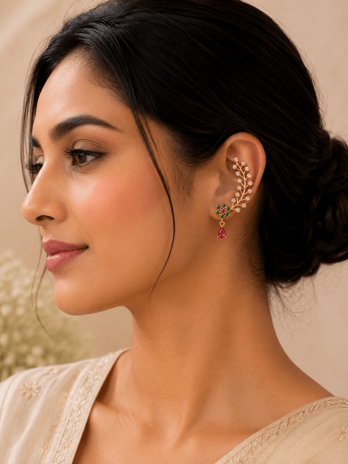 Traditional Floral AD Ear Cuff Earrings – Gold Plated | Green & Pink Stone Ear Climbers for Women - Image 2