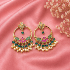 Antique Floral Chandbali Earrings with Green Beads & Pearl Drops