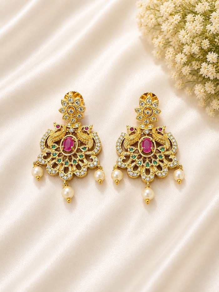 Gold Peacock Choker Necklace Set with Ruby Stone & Pearl Drops - Image 2