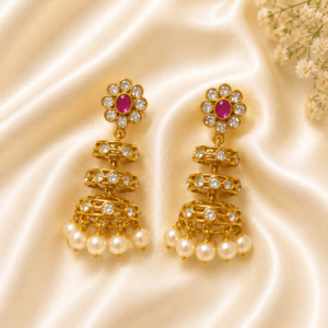 Antique Ruby AD Layered Jhumka Earrings with Pearl Drops