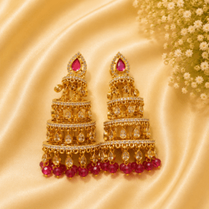 Royal Multi-Layer Jhumka Earrings with Ruby Stones