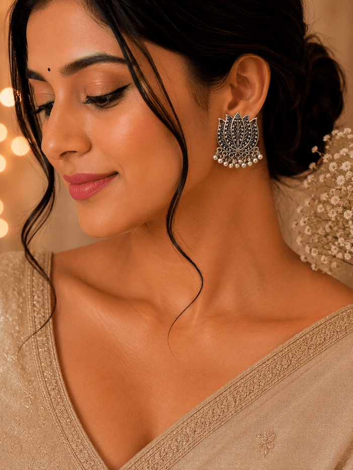 Oxidized Lotus Stud Earrings with Pearl Drops - Image 2
