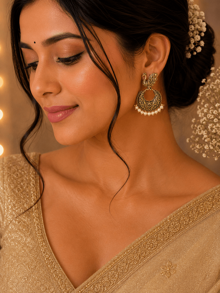 Oxidized Peacock Chandbali Earrings with Pearl Drops - Image 2