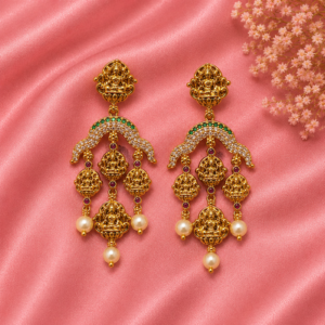 Antique Temple Lakshmi Earrings with AD Stones & Pearl Drops