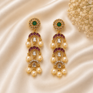 Antique 3-Layer Pearl Drop Earrings with AD Stones