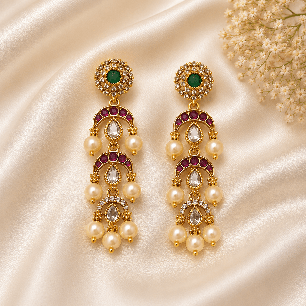 Antique 3-Layer Pearl Drop Earrings with AD Stones