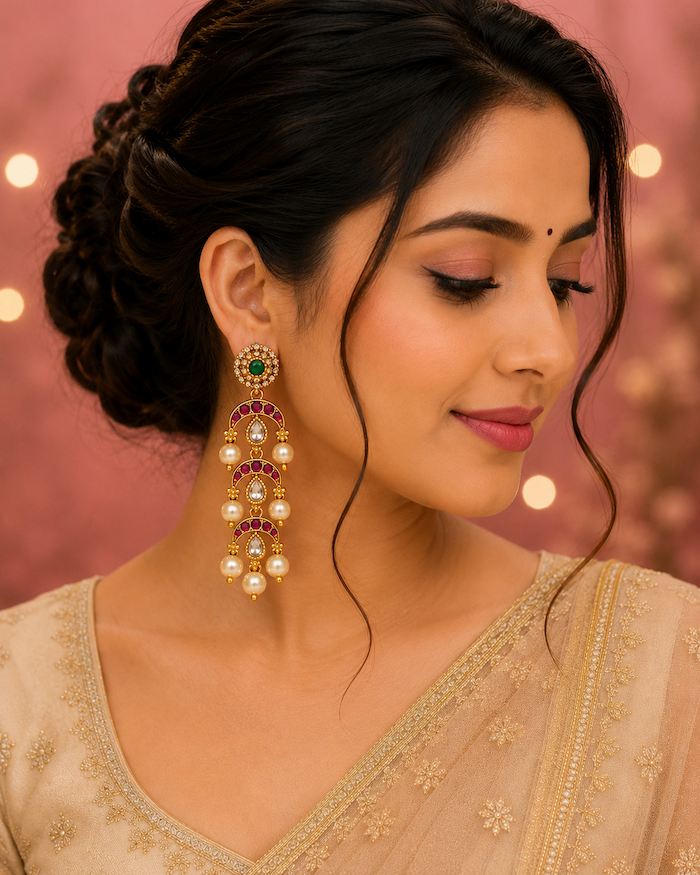 Antique 3-Layer Pearl Drop Earrings with AD Stones - Image 2