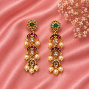 Antique 3-Layer Pearl Drop Earrings with AD Stones