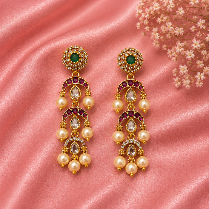 Antique 3-Layer Pearl Drop Earrings with AD Stones