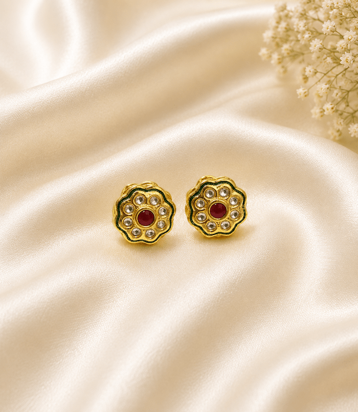 Meenakari Enamelled Kundan Studs in Emerald and Ruby