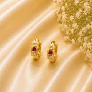 Gold Polish Ruby & White Stone Hoop Earrings for Women