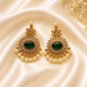 Antique Emerald Green Stone Chandbali Earrings with AD & Pearl Drops