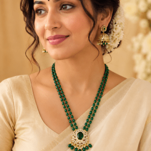 Emerald Green Double Strand Kundan Pendant Necklace