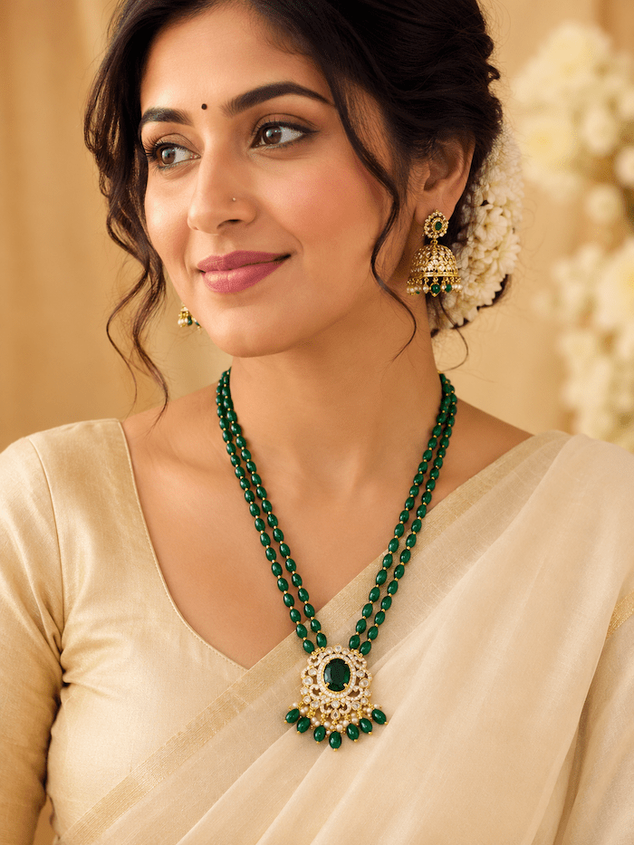 Emerald Green Double Strand Kundan Pendant Necklace - Image 2