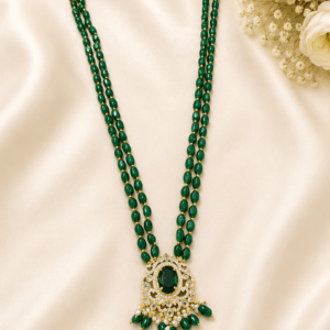 Emerald Green Double Strand Kundan Pendant Necklace