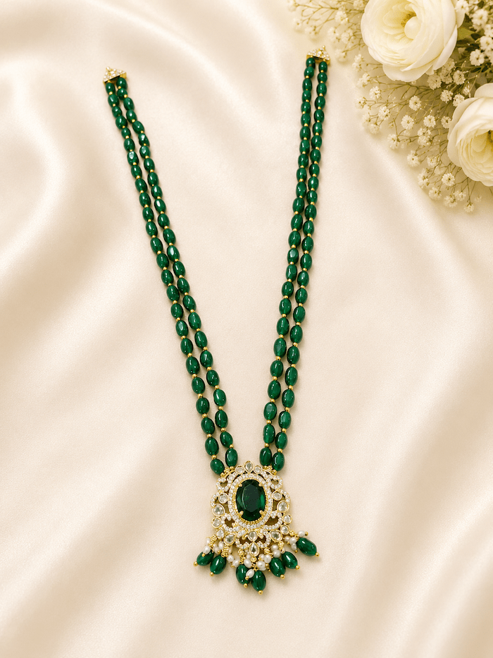 Emerald Green Double Strand Kundan Pendant Necklace
