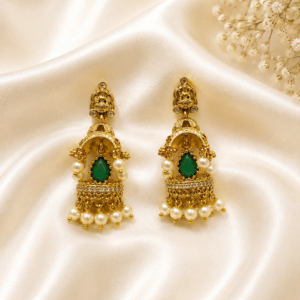 Antique Temple Jhumka Earrings with Green Stone & Pearl Drops