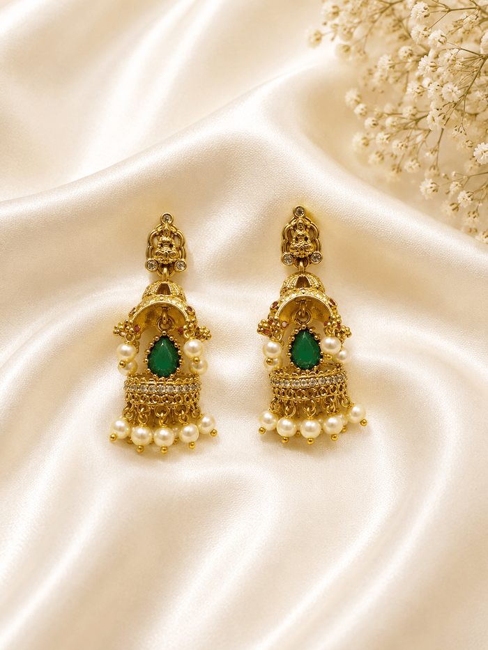 Antique Temple Jhumka Earrings with Green Stone & Pearl Drops
