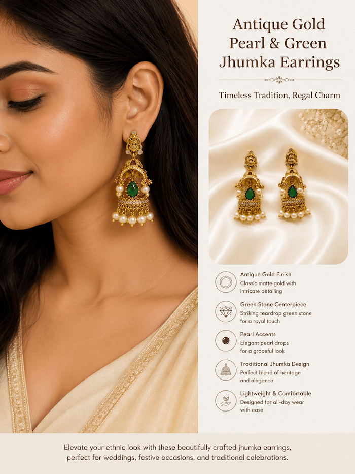 Antique Temple Jhumka Earrings with Green Stone & Pearl Drops - Image 2