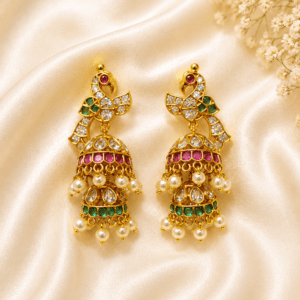 Antique Peacock Jhumka Earrings with Kundan, Ruby, Emerald & Pearl Drops